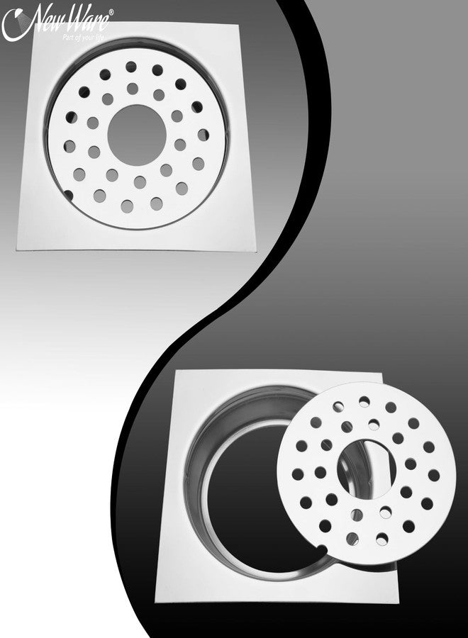 NEW WARE شبكة تصريف مربعة مسطحة من الفولاذ المقاوم للصدأ من نيو وير® CP 202 مقاس 5 بوصات | مصيدة أرضية بفتحة لأنبوب التصريف | شبكة تصريف بالضغط للأسفل (عبوة من قطعتين) - Image 3